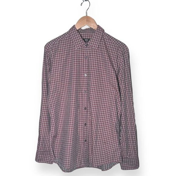 HUGO BOSS Plaid Button Up Shirt Windowpane Pattern Slim Fit Burgundy Red Large - Picture 6 of 9